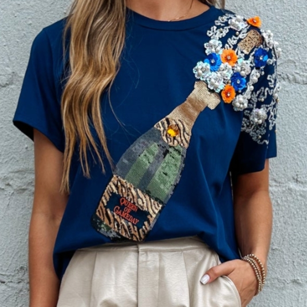 Queen Of Sparkles Navy Game Day Champagne Bottle Shirt (Like New!)